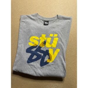 Stussy Mens‎ T-Shirt XL Gray Yellow Blue Graphic Logo Tee Top